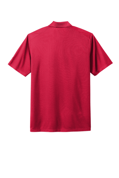 Nike men's Dri-FIT polo shirt in Tidal Red with printed design, shown from the back view.