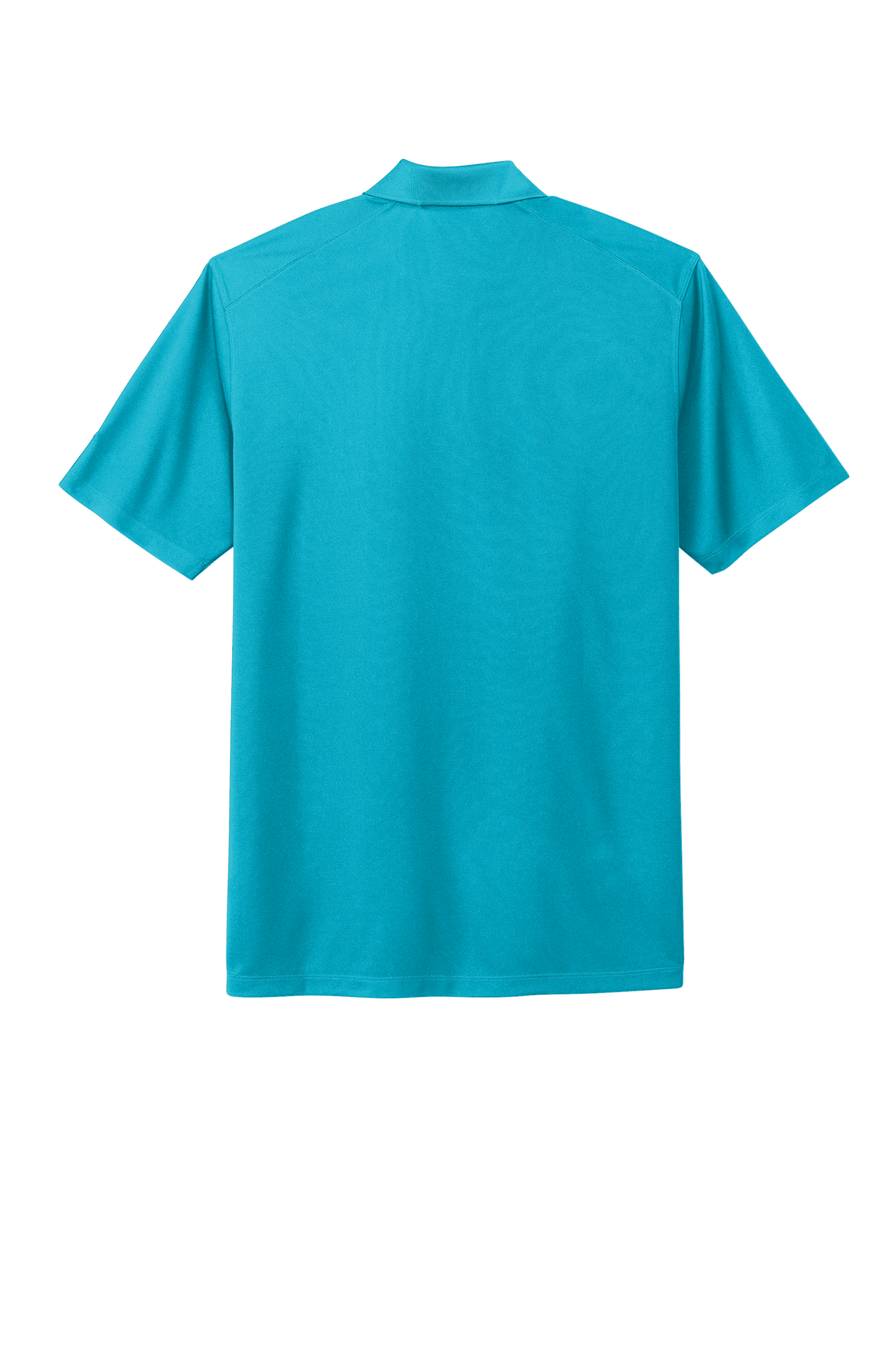 Nike men's Dri-FIT polo shirt in tidal blue with printed design, shown from the back, perfect for sports or casual wear.
