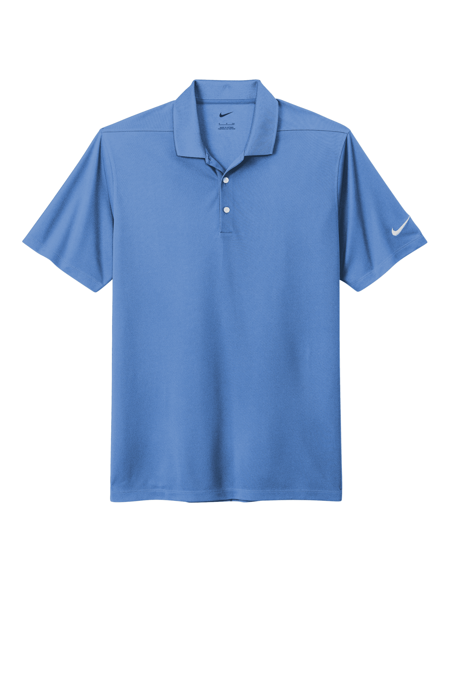 Nike men's Dri-FIT polo shirt in Valor Blue with printed design, shown in a view highlighting the fabric and pattern detail.