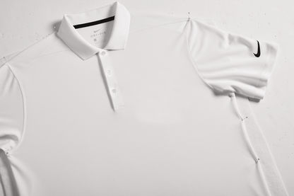 Nike men's Dri-FIT polo shirt with white print design, shown in a close-up view, suitable for customization or plain wear.