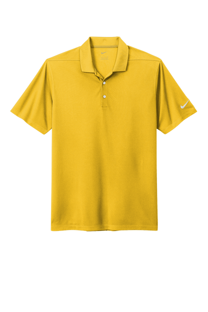 Nike men's Dri-FIT polo shirt with yellow print, showcasing the front view of the lightweight, moisture-wicking athletic polo.