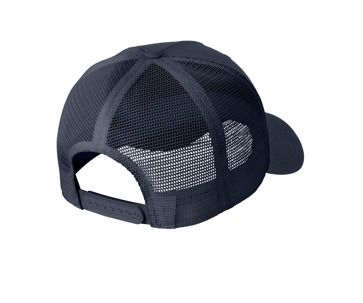 Nike navy trucker hat with mesh panels and printed design, featuring a classic snapback style and adjustable fit.