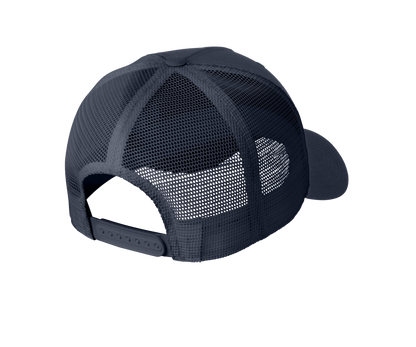 Nike navy trucker hat with mesh panels and printed design, featuring a classic snapback style and adjustable fit.