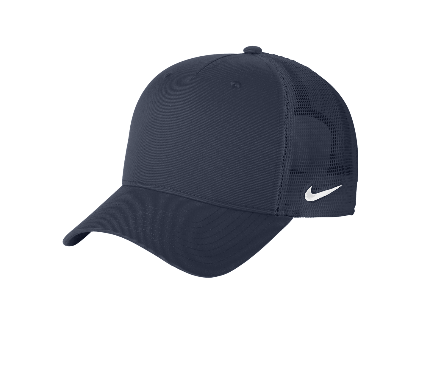 Nike navy trucker cap with mesh panels and printed design, showcasing a classic snapback style for customizable or plain options.