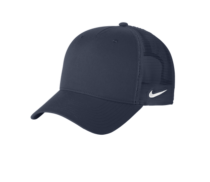 Nike navy trucker cap with mesh panels and printed design, showcasing a classic snapback style for customizable or plain options.