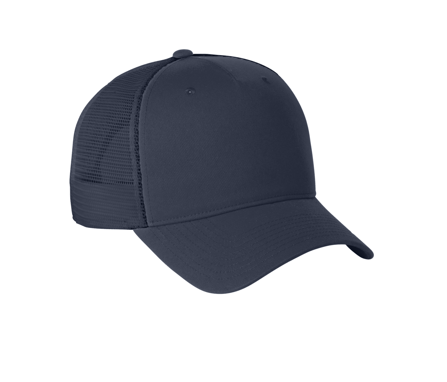 Nike navy trucker hat with mesh panels and printed design, showcasing a classic snapback style for casual wear.