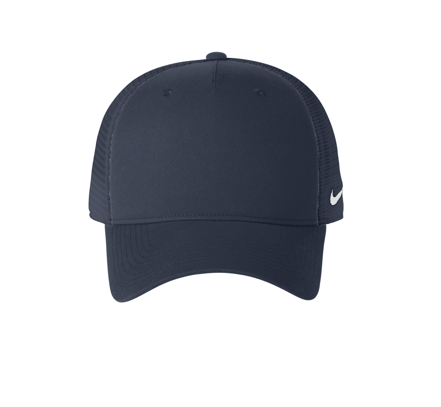 Nike navy mesh trucker cap with printed design, featuring a classic snapback style and adjustable strap.