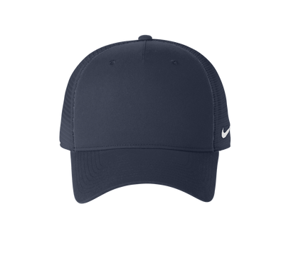 Nike navy mesh trucker cap with printed design, featuring a classic snapback style and adjustable strap.