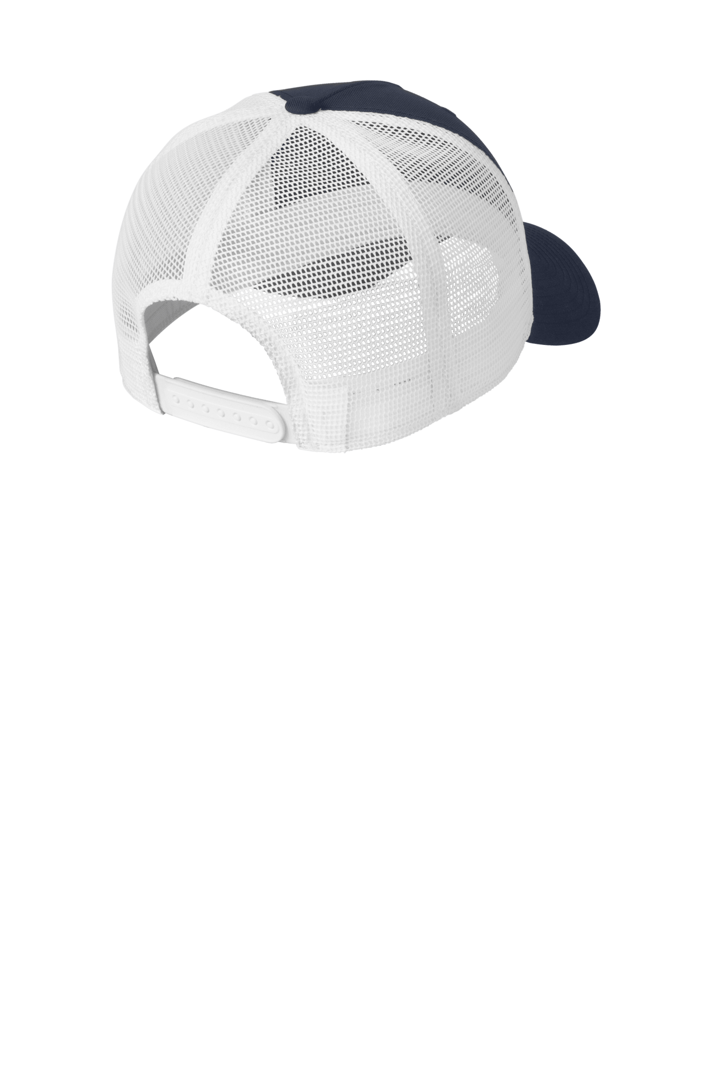 Nike navy and white mesh trucker cap with printed design, featuring adjustable snapback closure.
