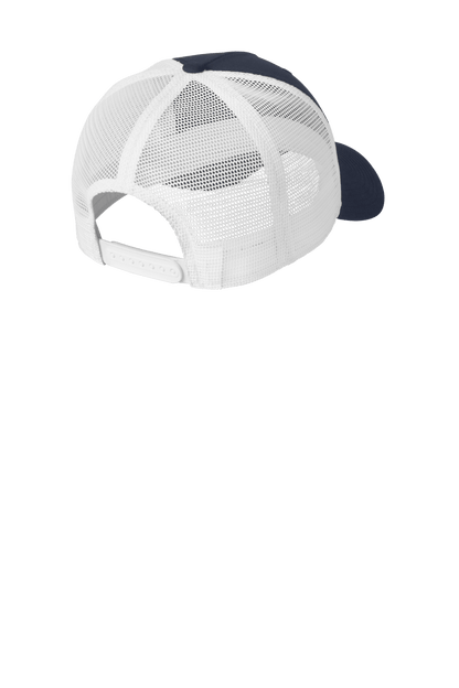 Nike navy and white mesh trucker cap with printed design, featuring adjustable snapback closure.