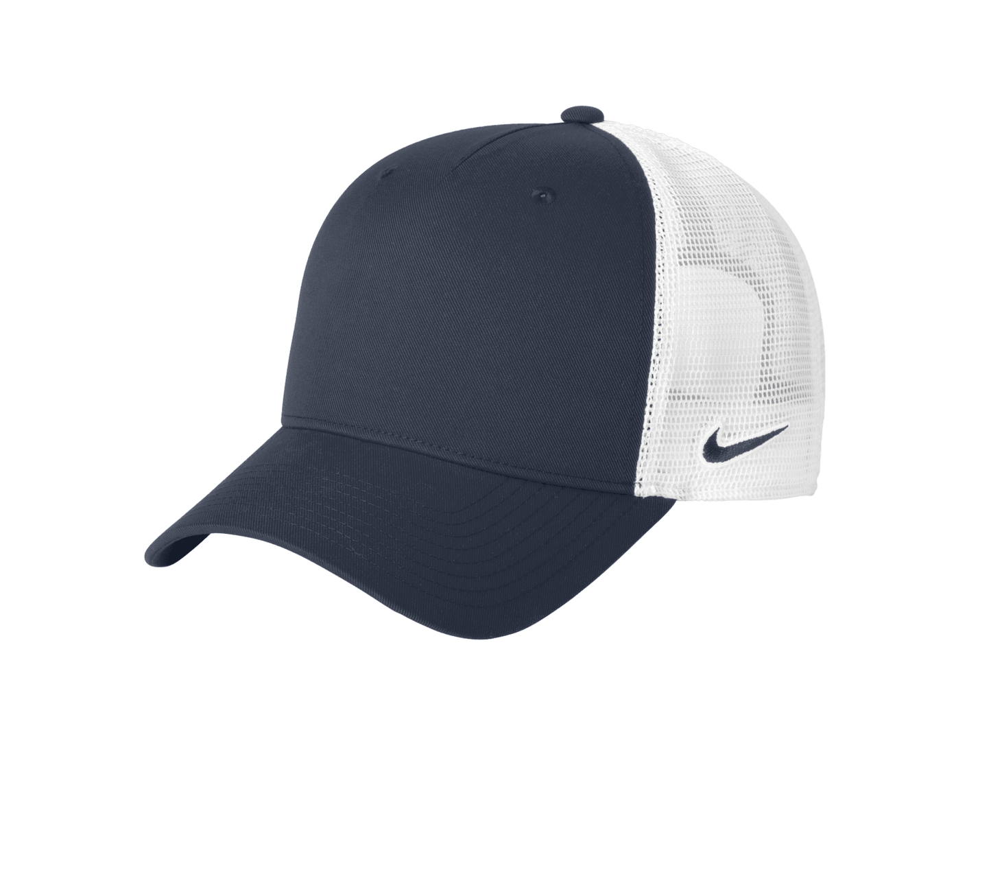 Nike navy and white mesh trucker cap with printed design, featuring adjustable snapback closure and classic style.