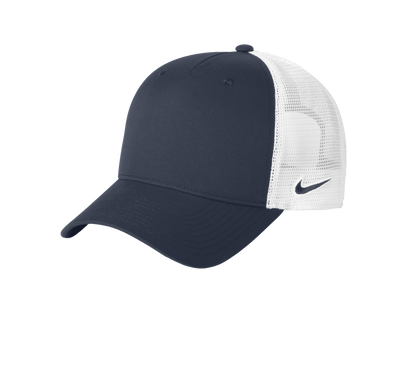 Nike navy and white mesh trucker cap with printed design, featuring adjustable snapback closure and classic style.