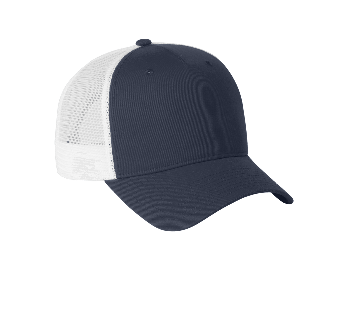Nike navy and white mesh trucker cap with printed design, showcasing adjustable snapback closure and classic trucker style.