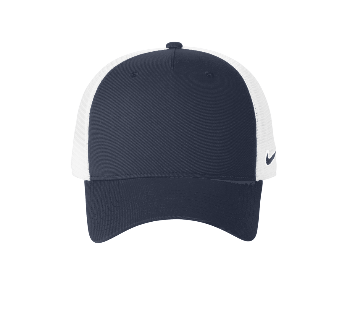 Nike navy and white mesh trucker cap with printed design, adjustable snapback closure, stylish and breathable for casual wear.