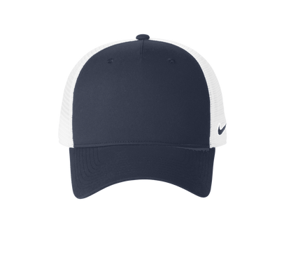 Nike navy and white mesh trucker cap with printed design, adjustable snapback closure, stylish and breathable for casual wear.