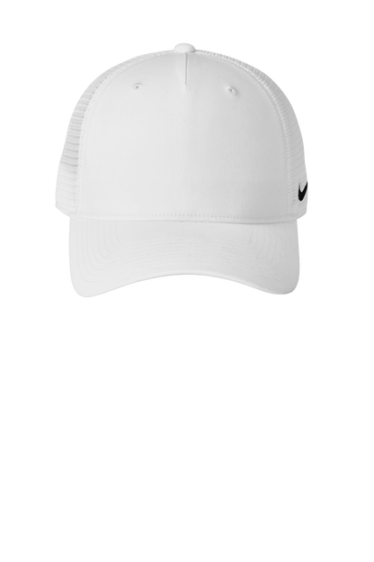 Nike white mesh trucker cap with printed design, adjustable snapback, and classic trucker hat style for casual wear.