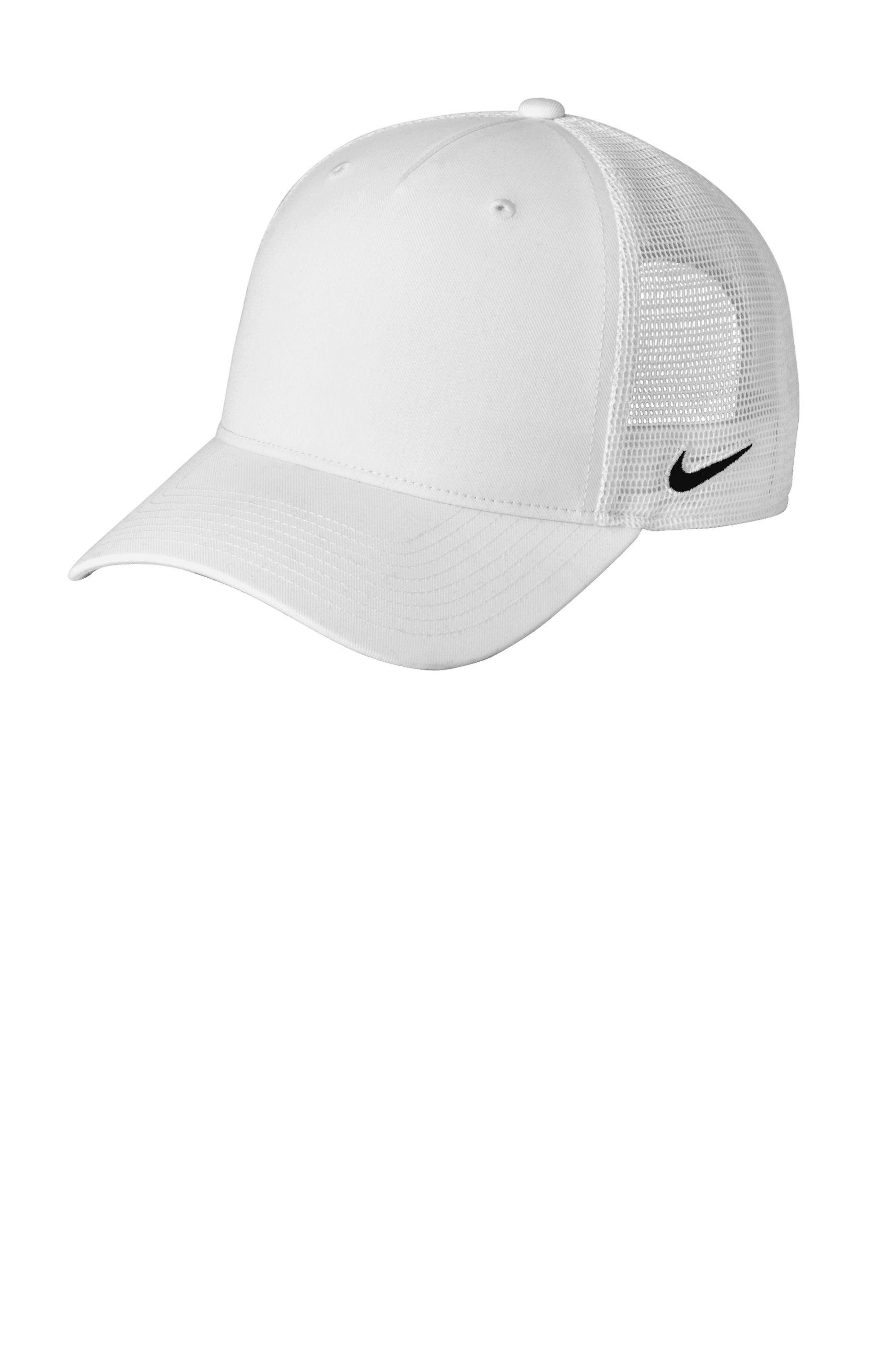 Nike white mesh trucker cap featuring a printed design, adjustable snapback closure, and classic Nike branding.