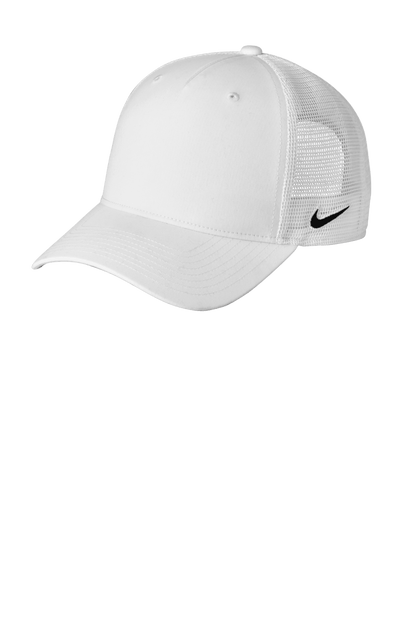 Nike white mesh trucker cap featuring a printed design, adjustable snapback closure, and classic Nike branding.