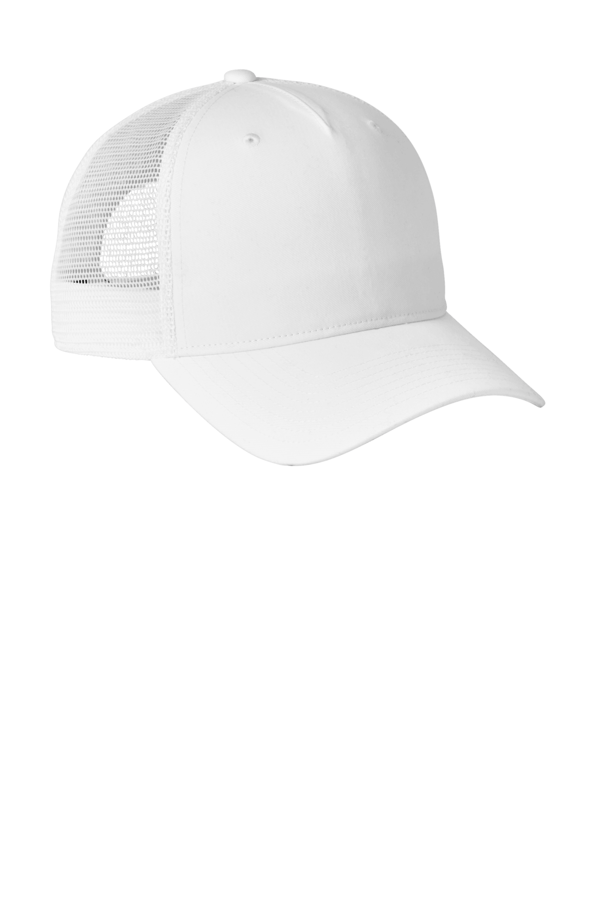 Nike white mesh trucker cap with printed design, adjustable snapback closure, viewed from the front.