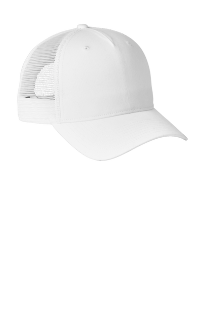Nike white mesh trucker cap with printed design, adjustable snapback closure, viewed from the front.