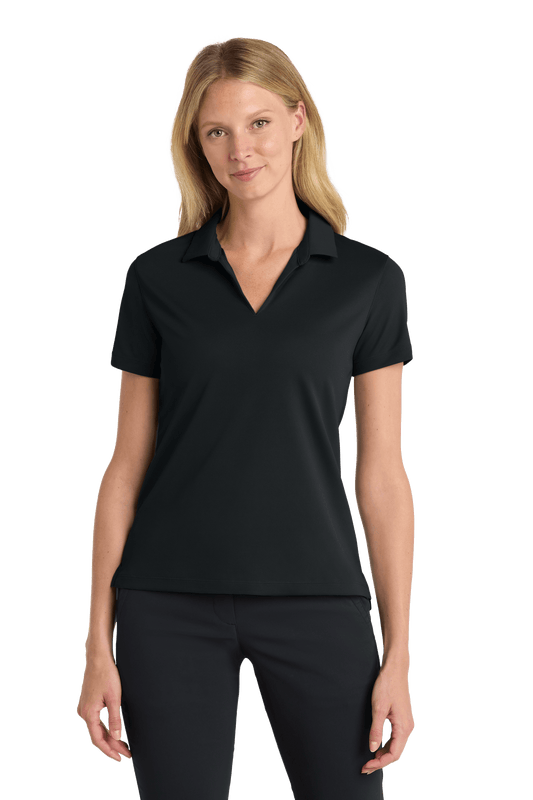 Nike women's Dri-FIT polo shirt with black print, front view, showcasing athletic design and breathable fabric.