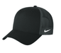 Nike black and dark grey mesh trucker hat with printed design, showcasing adjustable snapback closure and breathable mesh panels.