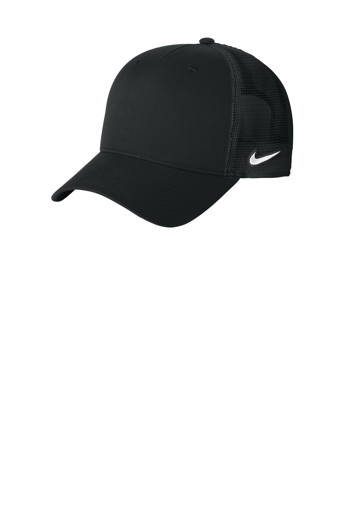 Nike black snapback mesh trucker hat with printed design, showing front view of the customizable Nike trucker cap.