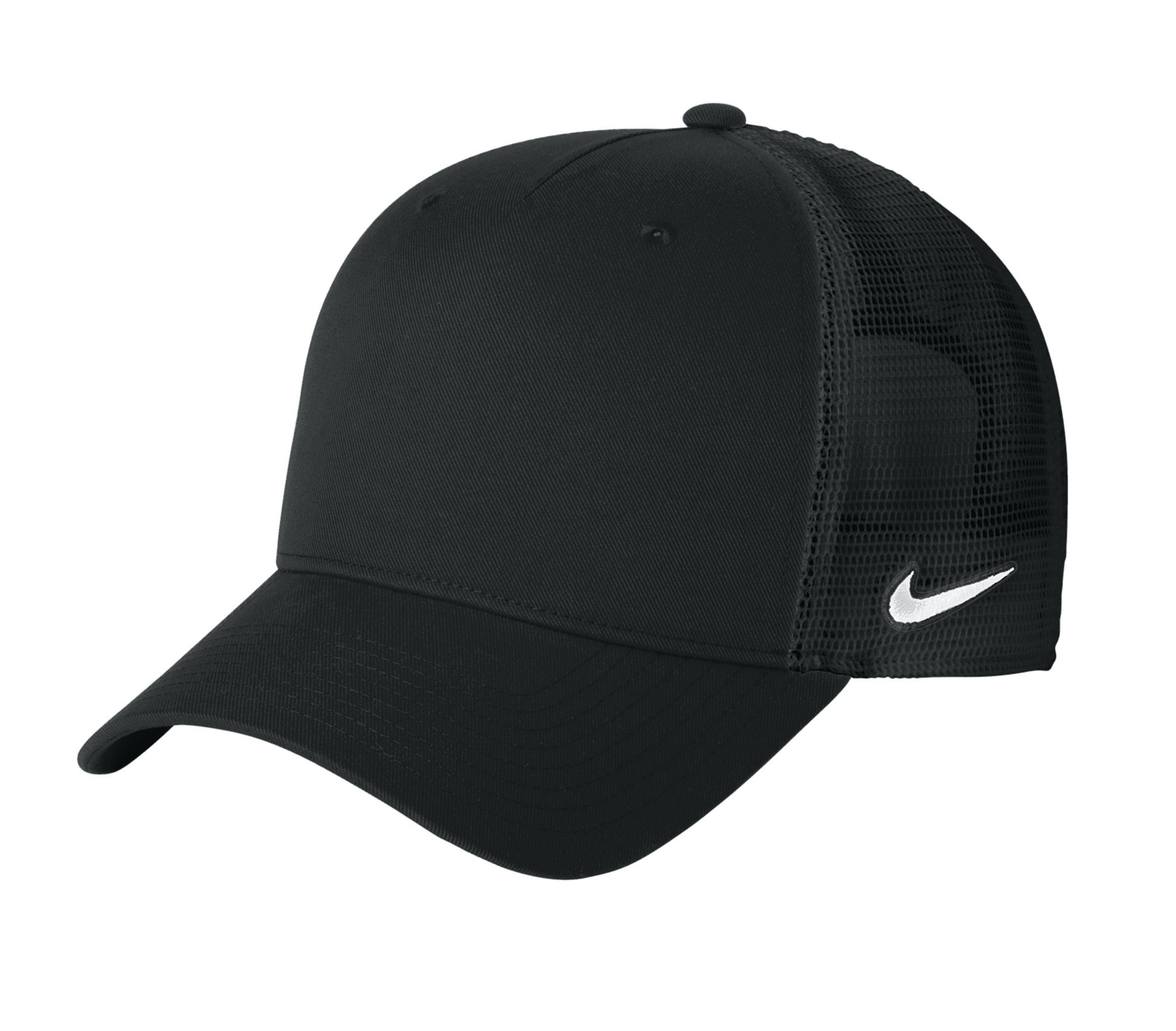Nike black trucker hat with printed mesh design, showcasing adjustable snapback closure and breathable mesh panels.