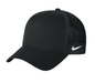Nike black trucker hat with printed mesh design, showcasing adjustable snapback closure and breathable mesh panels.