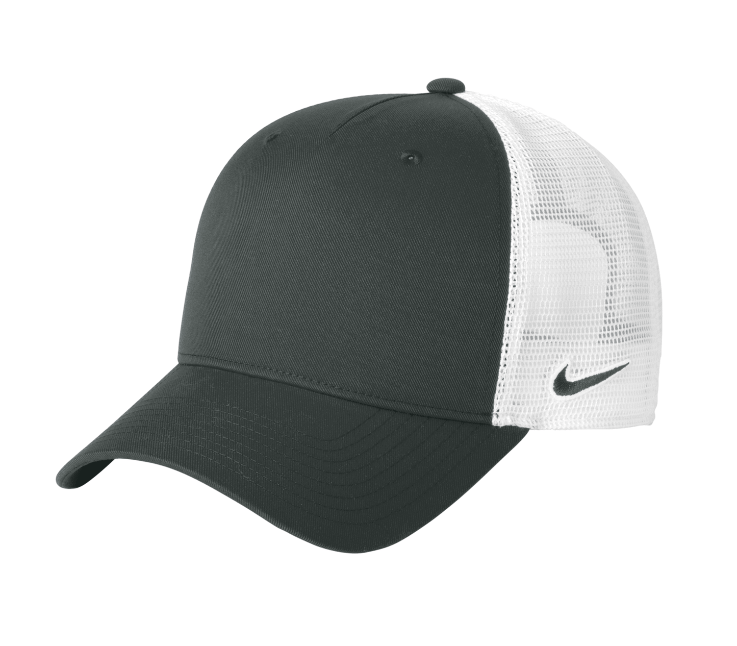 Nike dark gray and white mesh trucker cap with printed design, adjustable snapback, breathable mesh panels, and curved brim.