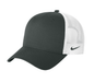 Nike dark gray and white mesh trucker cap with printed design, adjustable snapback, breathable mesh panels, and curved brim.