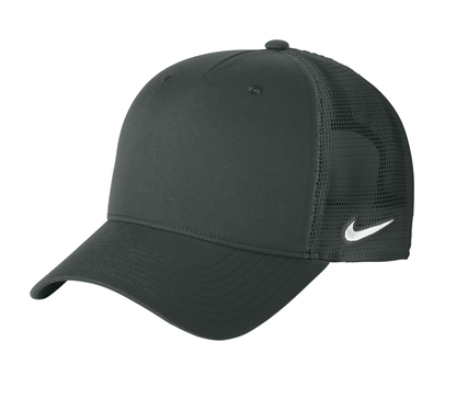 Nike dark gray mesh trucker hat with snapback closure and printed design, available plain or customizable.