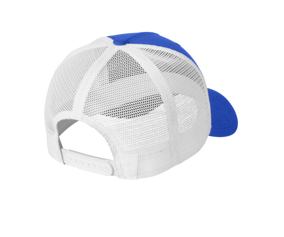 Nike blue and white mesh trucker cap with printed design, adjustable snapback, perfect for customizing or everyday wear.