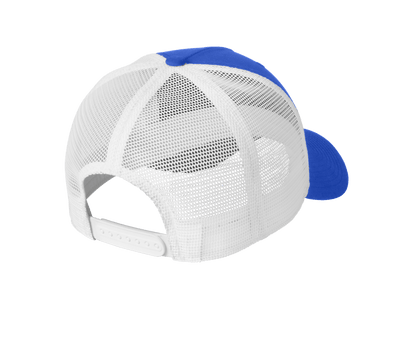 Nike blue and white mesh trucker cap with printed design, adjustable snapback, perfect for customizing or everyday wear.