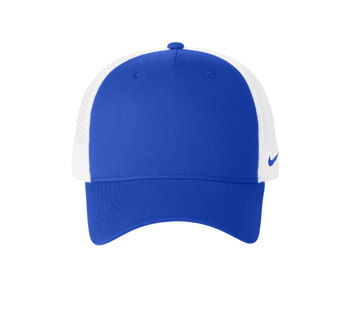 Nike blue and white mesh trucker cap with printed design, adjustable snapback closure, casual sports style.