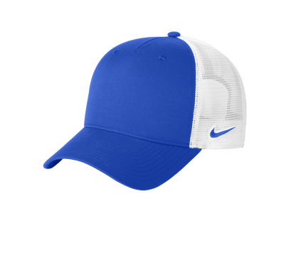 Nike blue and white mesh trucker hat with printed design, featuring a classic snapback style and adjustable fit.