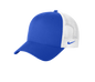Nike blue and white mesh trucker hat with printed design, featuring a classic snapback style and adjustable fit.