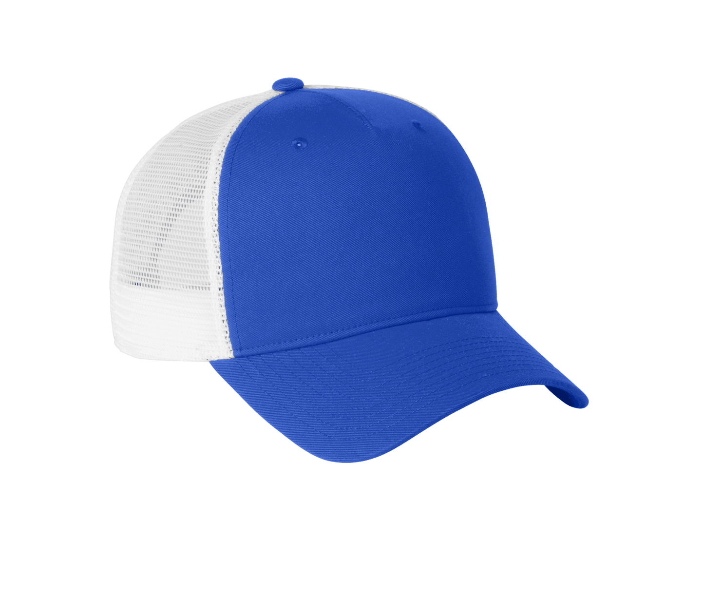 Nike blue and white mesh trucker hat with printed design, featuring adjustable snapback closure and classic trucker style.