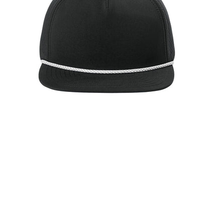 Black OGIO 5-Panel Rope Performance Cap with flat brim and adjustable strap, featuring stylish stitching and branding details.