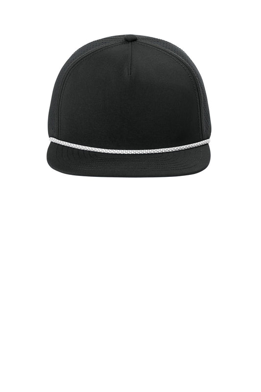 Black OGIO 5-Panel Rope Performance Cap with flat brim and adjustable strap, featuring stylish stitching and branding details.