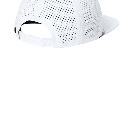 White OGIO® 5-Panel Rope Performance Cap with flat back design and adjustable strap, featuring a sporty, casual style.