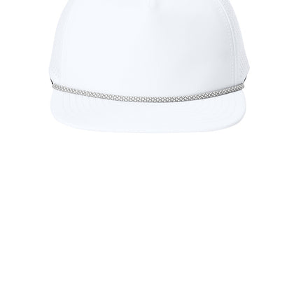 White OGIO® 5-Panel Rope Performance Cap with flat front and adjustable strap, featuring a sleek, sporty design.