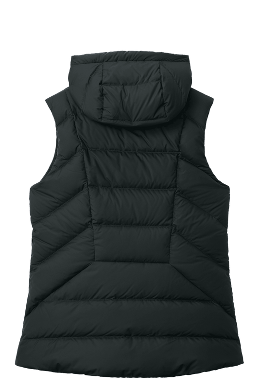 Black Women's Coldsnap Hooded Down Vest by Outdoor Research, shown from the front with a hood and quilted down insulation.