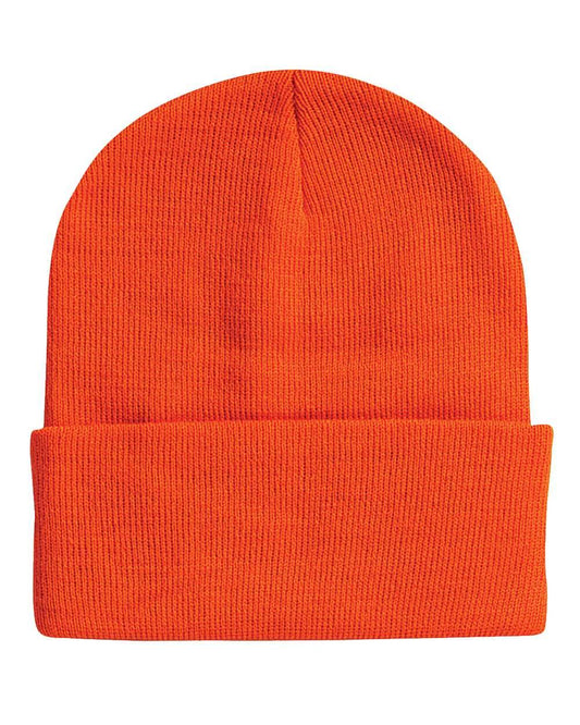 Orange Print View cuffed beanie with printed design, stylish and warm, perfect for casual wear or customization.