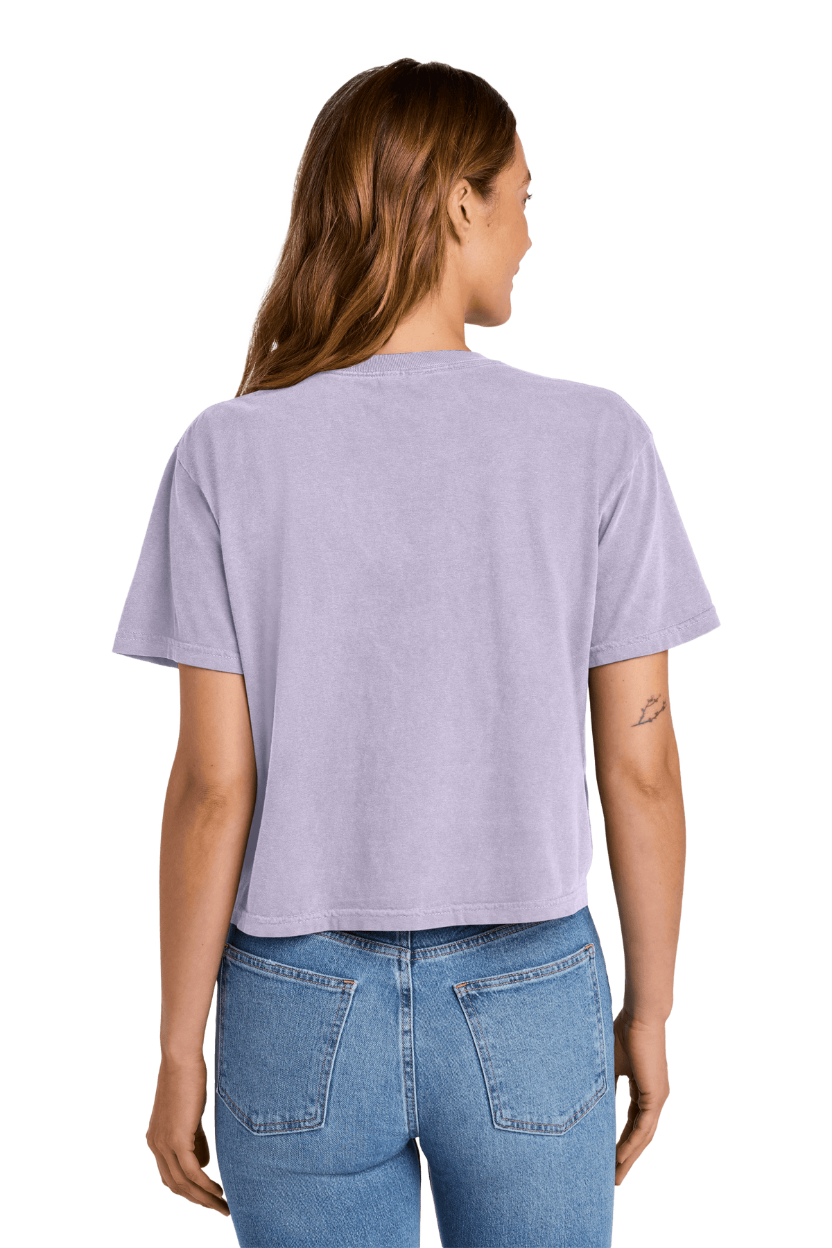 Comfort Colors women's orchid mint heavyweight garment-dyed boxy crop top with relaxed fit, shown from the back.