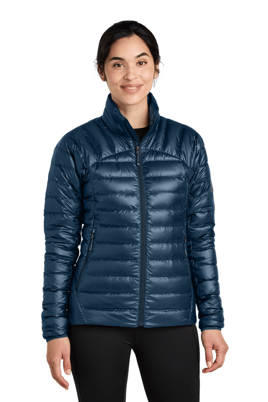 Navy blue women's outdoor Research jacket, lightweight and weather-resistant, suitable for hiking and outdoor activities.