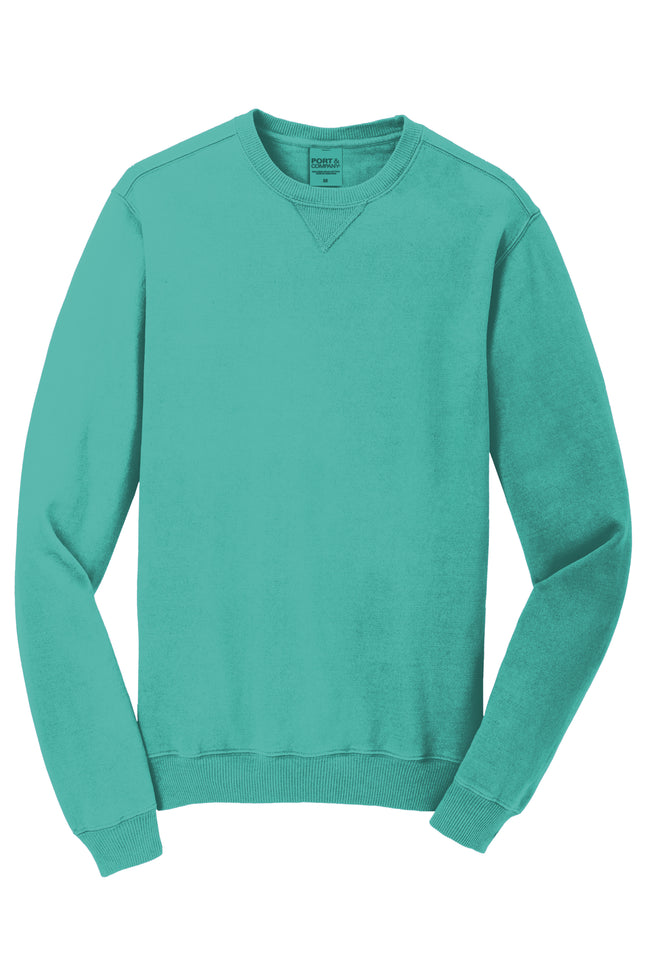Print-View Port & Co™ Beach Wash® crewneck sweatshirt in peacock color, flat front view showing soft, garment-dyed fabric.