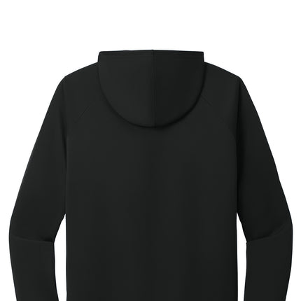 Port & Co Performance Pullover Hooded Tee back view - black - clean print area on hood and back, raglan sleeves, UPF50.