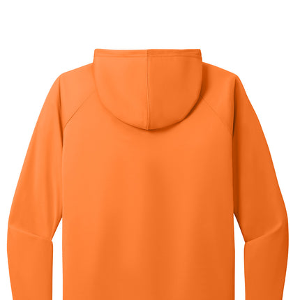 Port & Co Performance Pullover Hooded Tee back view - orange - lightweight pullover hood, ideal for outdoor team use with UPF protection.