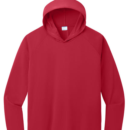 Port & Co Performance Pullover Hooded Tee front view - red - breathable polyester, removable tag, personalization available